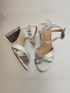 ANTONIO MELANI Silver Textured Block Heel Sandals
